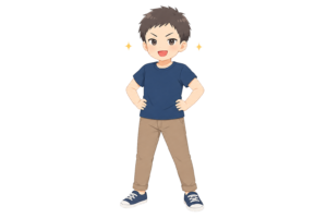 自信たっぷりに腰に手を当てる元気な男の子のイラスト｜強気な表情・ポーズ人物素材（透過PNG・商用OK）