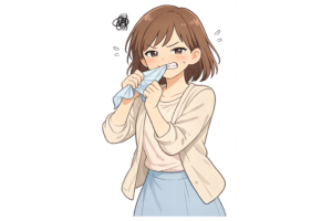 悔しさをこらえる女性のイラスト｜ハンカチをくわえる感情表現・人物素材（透過PNG・商用OK）