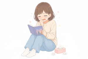 感動して涙を流す女性のイラスト｜小説や漫画を読む読書シーン・感情表現素材（透過PNG・商用OK）