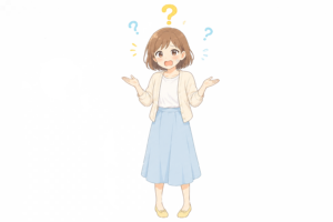 疑問符を浮かべて困惑する女性のイラスト｜驚き・戸惑いの表情人物素材（透過PNG・商用OK）