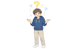 疑問符を浮かべて困惑する男性のイラスト｜驚き・戸惑いの表情人物素材（透過PNG・商用OK）