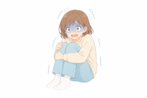 恐怖で青ざめて座り込む女性のイラスト｜不安・怯えの表情人物素材（透過PNG・商用OK）
