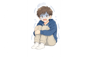 恐怖で青ざめて座り込む男性のイラスト｜不安・怯えの表情人物素材（透過PNG・商用OK）