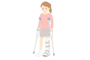 足を骨折して松葉杖と装具を使う女性のイラスト｜ケガ・リハビリ・医療人物素材（透過PNG・商用OK）