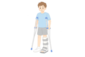 足を骨折して松葉杖と装具を使う男性のイラスト｜ケガ・リハビリ・医療人物素材（透過PNG・商用OK）
