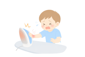 熱いアイロンでやけどをした子どものイラスト｜家庭内事故・火傷防止の注意喚起素材（透過PNG・商用OK）