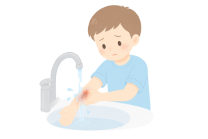 けがを水で洗浄するイラスト｜腕の傷を洗う応急処置・衛生ケア素材（透過PNG・商用OK）
