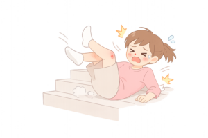 階段で転倒する女性のイラスト｜転落事故・安全対策の注意喚起素材（透過PNG・商用OK）