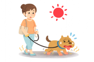 夏の熱い道路で困る犬のイラスト｜アスファルト高温・肉球やけど・散歩注意素材（透過PNG・商用OK）