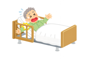 介護ベッドの柵に腕を挟む高齢者のイラスト｜事故防止・安全対策の介護素材（透過PNG・商用OK）