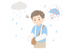 両手を骨折して傘が持てず困る男性のイラスト｜ケガによる不便・生活支援人物素材（透過PNG・商用OK）