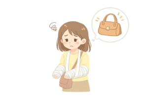 両手を骨折して荷物が持てず困る女性のイラスト｜日常生活の不便・ケガ人物素材（透過PNG・商用OK）