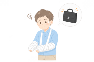 両手を骨折して荷物が持てず困る男性のイラスト｜日常生活の不便・ケガ人物素材（透過PNG・商用OK）
