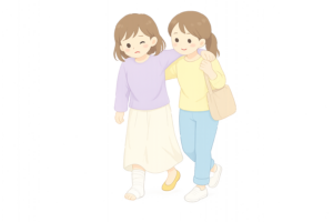 ケガをした女性を支えるイラスト｜肩を貸して一緒に歩く協力・介助人物素材（透過PNG・商用OK）