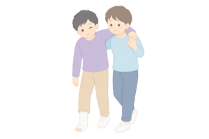 ケガをした男性を支えるイラスト｜肩を貸して一緒に歩く協力・介助人物素材（透過PNG・商用OK）