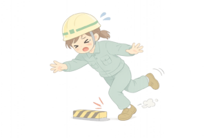 つまずいて転びそうな女性作業員のイラスト｜ヘルメット・作業服・現場安全対策素材（透過PNG・商用OK）