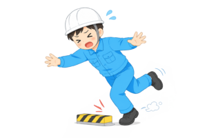 つまずいて転びそうな男性作業員のイラスト｜ヘルメット・作業服・現場安全対策素材（透過PNG・商用OK）
