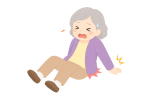 尻もちをついて痛がるおばあさんのイラスト｜転倒事故・高齢者のケガ・注意喚起素材（透過PNG・商用OK）