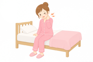 首を寝違えて痛がる女性のイラスト｜首の痛み・筋肉トラブル・健康素材（透過PNG・商用OK）