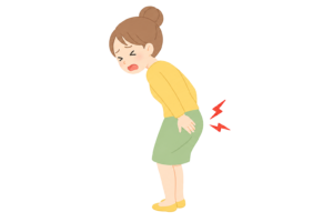 お尻の痛みを抑える女性のイラスト｜座り痛・体の不調・健康素材（透過PNG・商用OK）