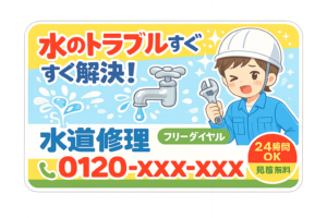 水道修理業者の広告マグネットのイラスト｜水漏れ・配管トラブル対応の生活素材（透過PNG・商用OK）