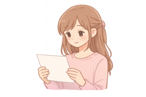 手紙を読む女性のイラスト｜便箋・メッセージ・読書シーン人物素材（透過PNG・商用OK）