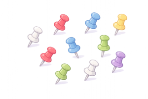 カラフルな画びょうが刺さったイラスト｜赤・青・緑・黄色・紫・白の文房具素材（透過PNG・商用OK）