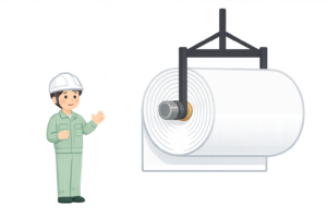 巨大な紙ロールを管理する工場作業員のイラスト｜印刷工場・製紙工場の産業素材（透過PNG・商用OK）
