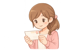 ハガキを読む女性のイラスト｜手紙・年賀状・メッセージ人物素材（透過PNG・商用OK）