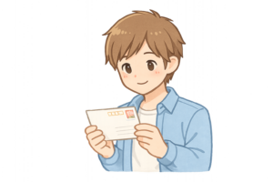 ハガキを読む男性のイラスト｜手紙・年賀状・メッセージ人物素材（透過PNG・商用OK）
