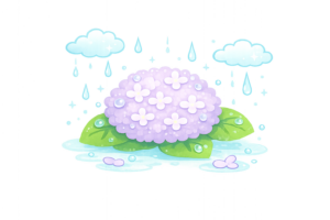 雨の日に咲く紫陽花のイラスト｜梅雨シーズンの無料素材（透過PNG・商用OK）