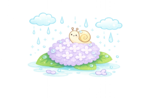 雨の日に咲く紫陽花のイラスト｜梅雨シーズンの無料素材（透過PNG・商用OK）