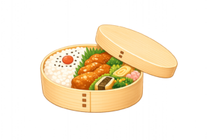 木のぬくもりを感じる曲げわっぱ弁当箱のイラスト｜和風お弁当無料素材（透過PNG・商用利用OK）