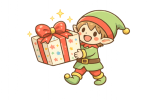 プレゼントを運ぶクリスマスエルフのイラスト｜サンタのお手伝い無料素材（透過PNG・商用利用OK）