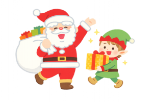 サンタクロースとエルフがプレゼントを運ぶイラスト｜クリスマス無料素材（透過PNG・商用利用OK）