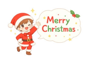 メリークリスマスと話すサンタ姿の男の子イラスト｜冬素材