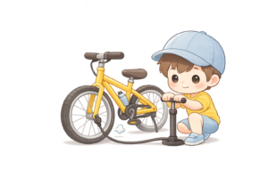 自転車に空気を入れる人のイラスト｜無料素材（透過PNG・商用OK）
