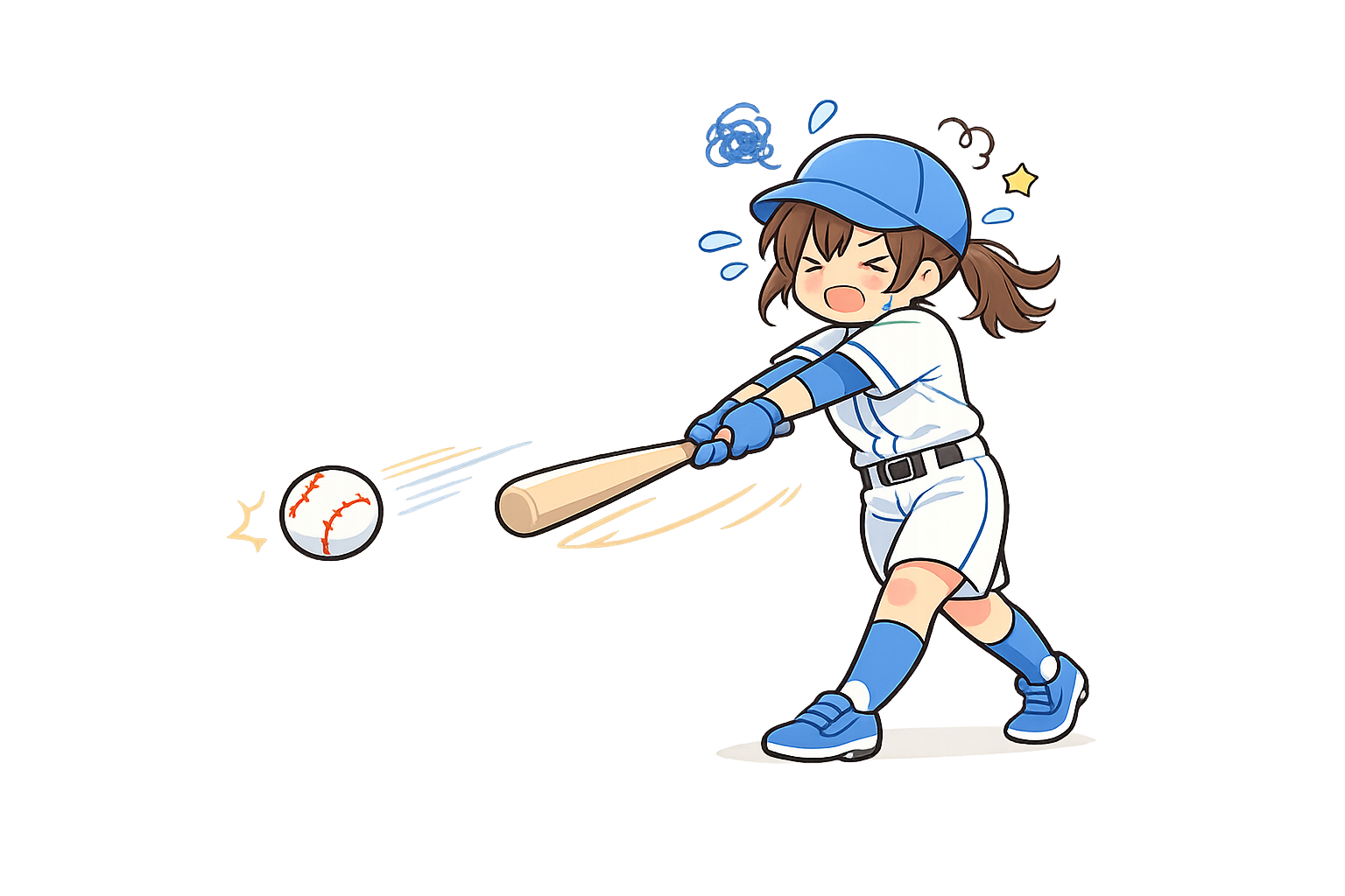 空振りする女子野球選手のイラスト｜無料素材（透過PNG・商用OK）