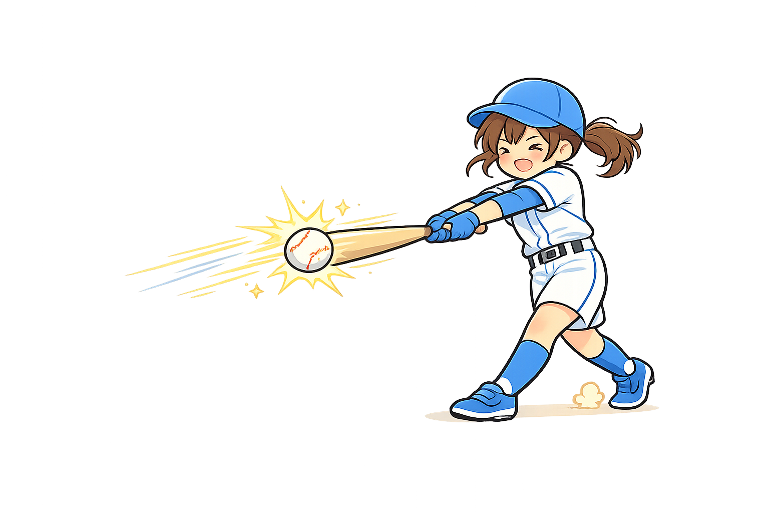 ヒットを打つ女子野球選手のイラスト｜無料素材（透過PNG・商用OK）