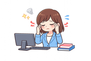 眼精疲労に悩む女性会社員のイラスト｜無料素材（透過PNG・商用OK）