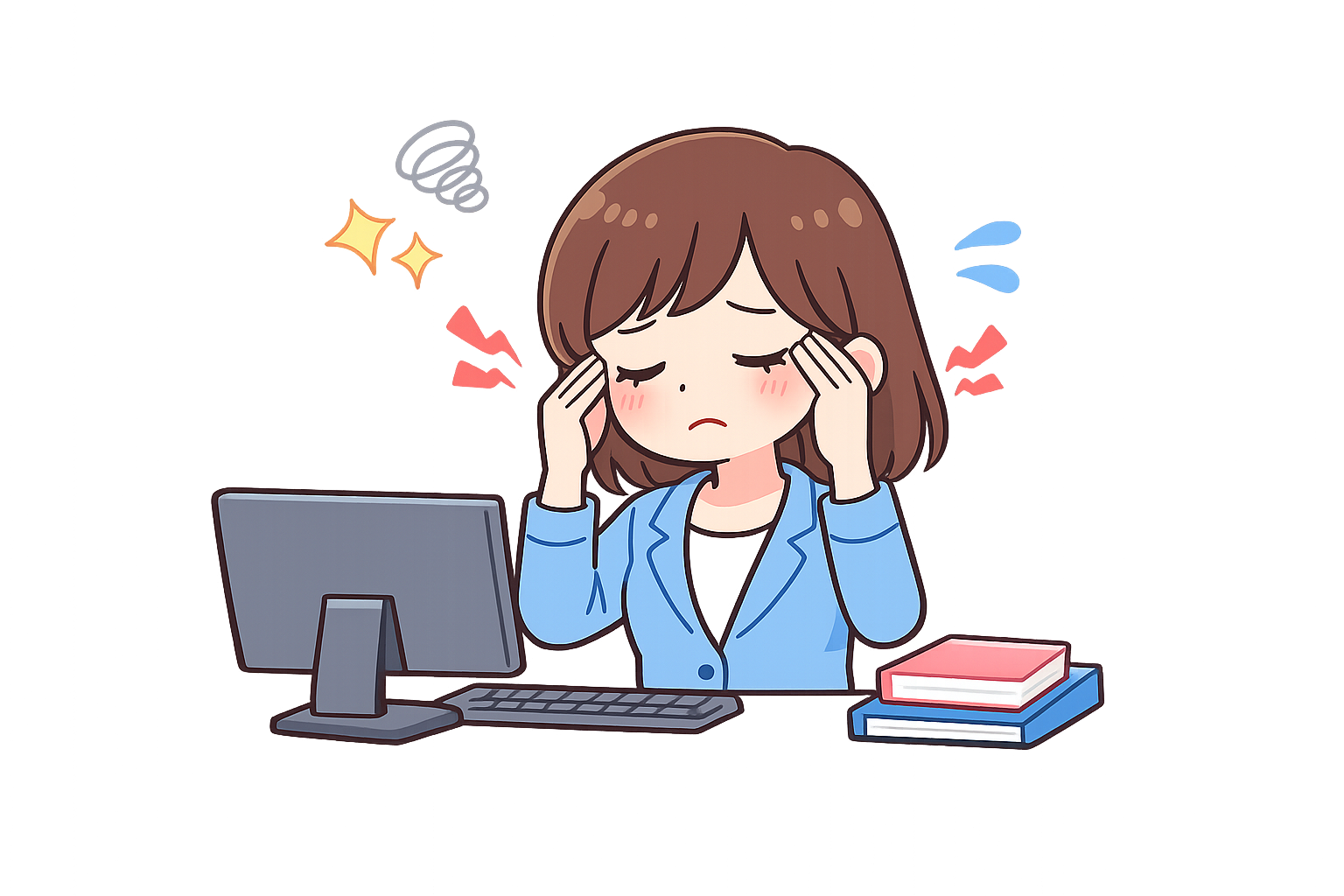 眼精疲労に悩む女性会社員のイラスト｜無料素材（透過PNG・商用OK）
