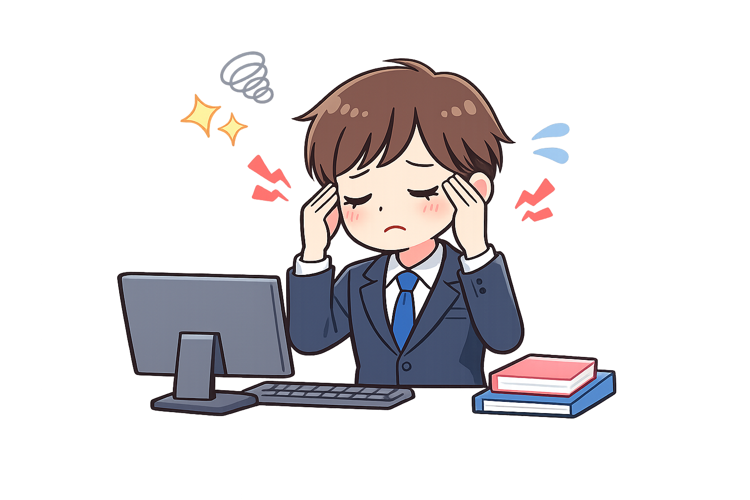 眼精疲労に悩む男性会社員のイラスト｜無料素材（透過PNG・商用OK）