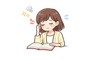 読書で目が疲れた女性のイラスト｜無料素材（透過PNG・商用OK）