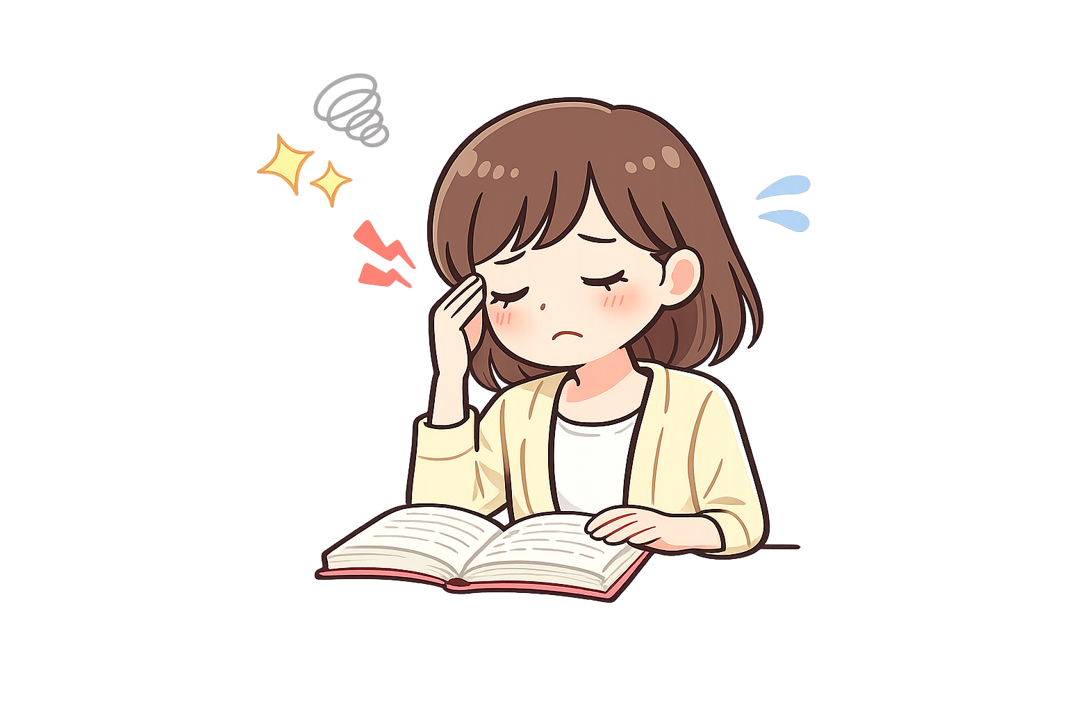 読書で目が疲れた女性のイラスト｜無料素材（透過PNG・商用OK）