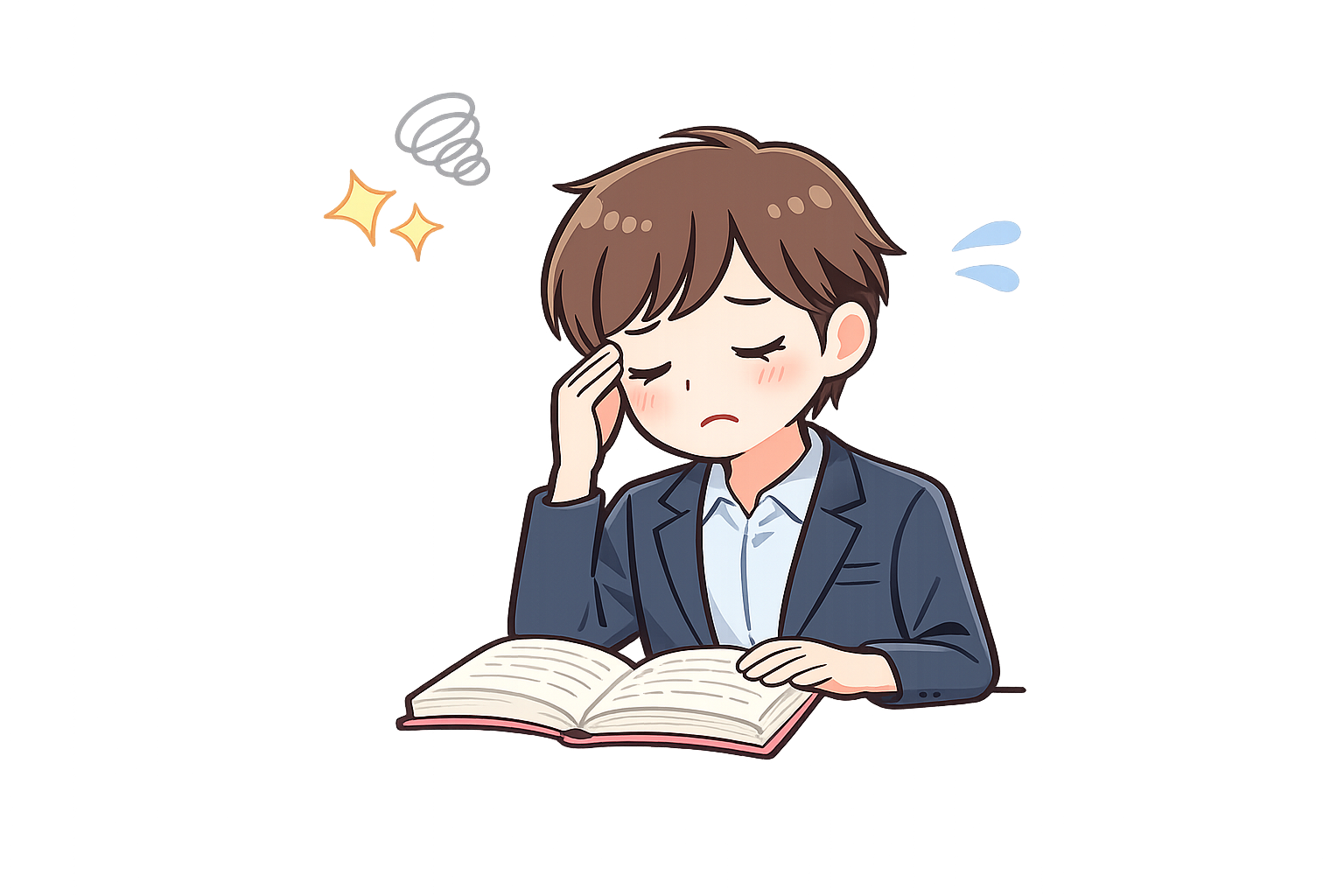 読書で目が疲れた男性のイラスト｜無料素材（透過PNG・商用OK）