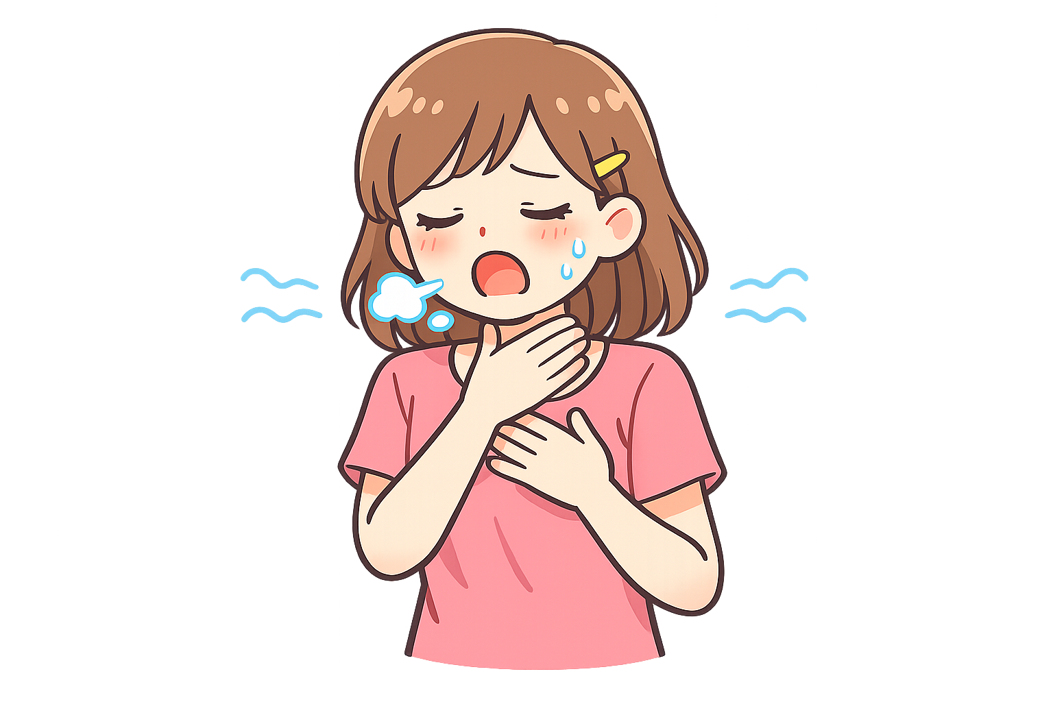 息苦しそうな女性のイラスト|体調不良フリー素材(透過PNG・商用OK)