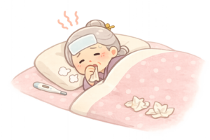 風邪で寝込む高齢女性のイラスト｜医療フリー素材（透過PNG・商用OK）