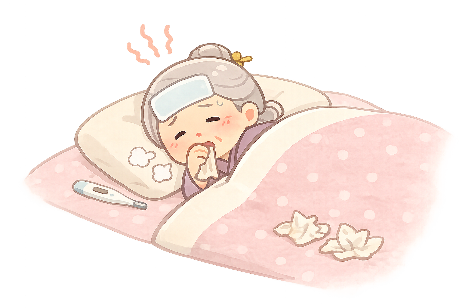 風邪で寝込む高齢女性のイラスト｜医療フリー素材（透過PNG・商用OK）