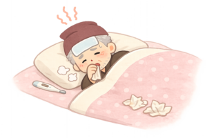 風邪で寝込む高齢男性のイラスト｜医療フリー素材（透過PNG・商用OK）