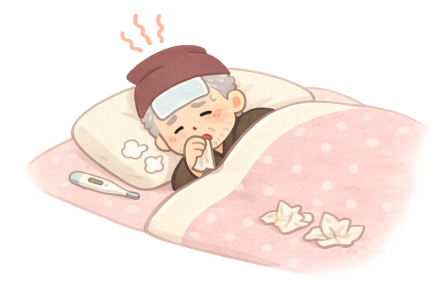 風邪で寝込む高齢男性のイラスト|医療フリー素材(透過PNG・商用OK)